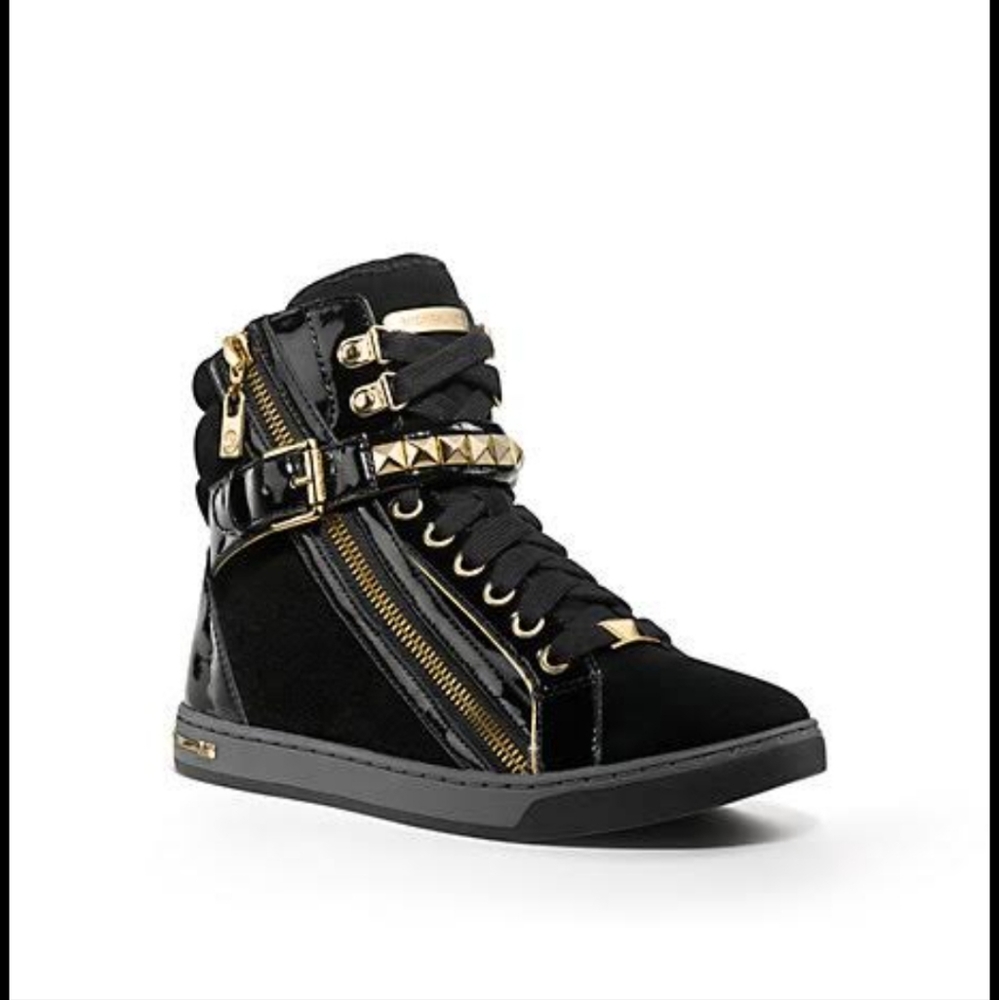 MICHAEL KORS Glam Gold Studded High Top Black Suede + Patent Leather 8